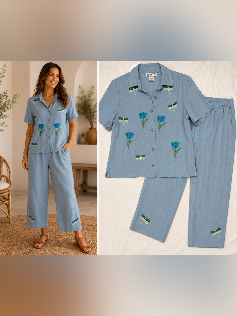 Vintage A.K.C.‎ Linen Blend Embroidered Dragonfly Floral 2 Pc Capri Set Size M